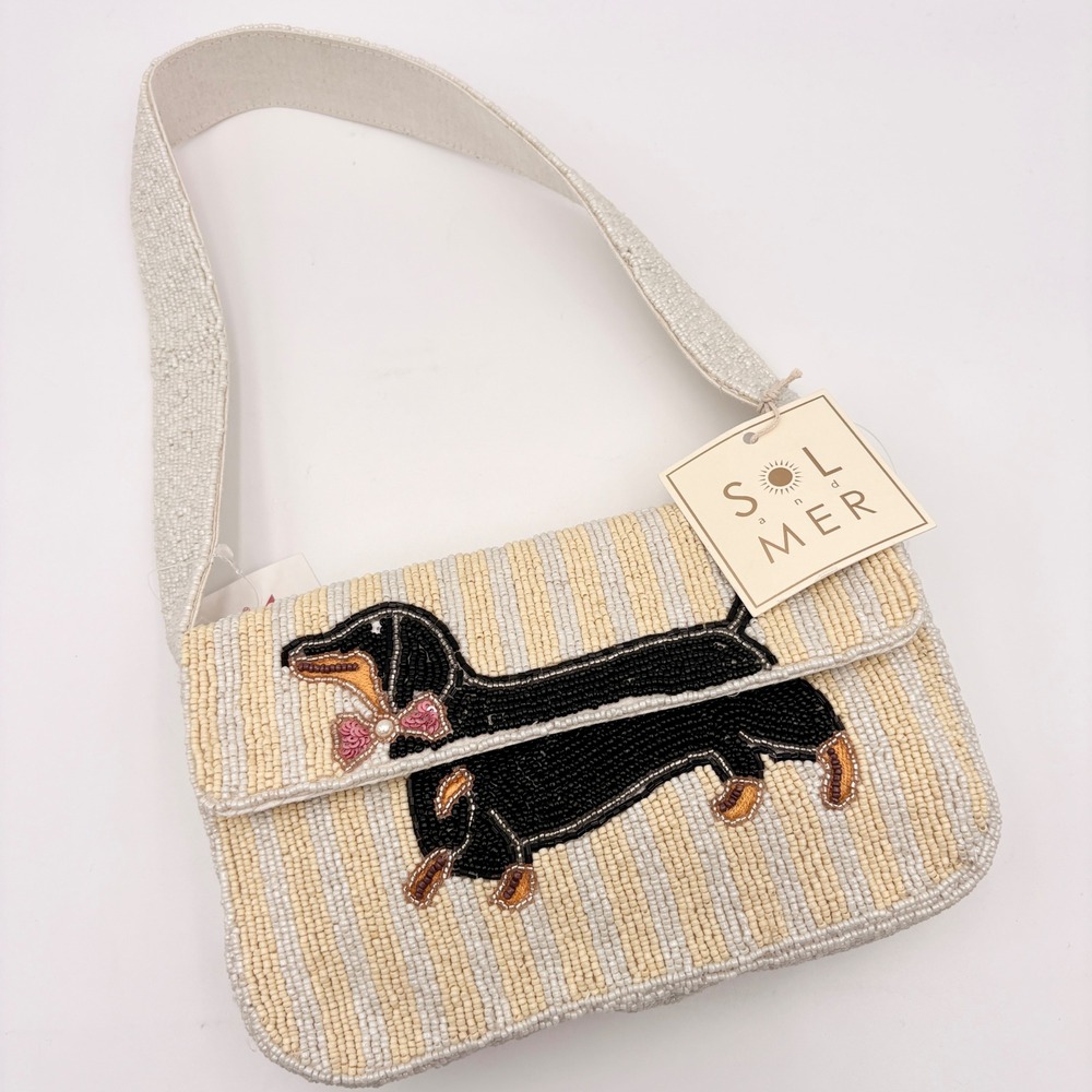 Sol and Mer Beaded Dachshund Shoulder Bag Cream Yellow Striped Dog Purse NWT
